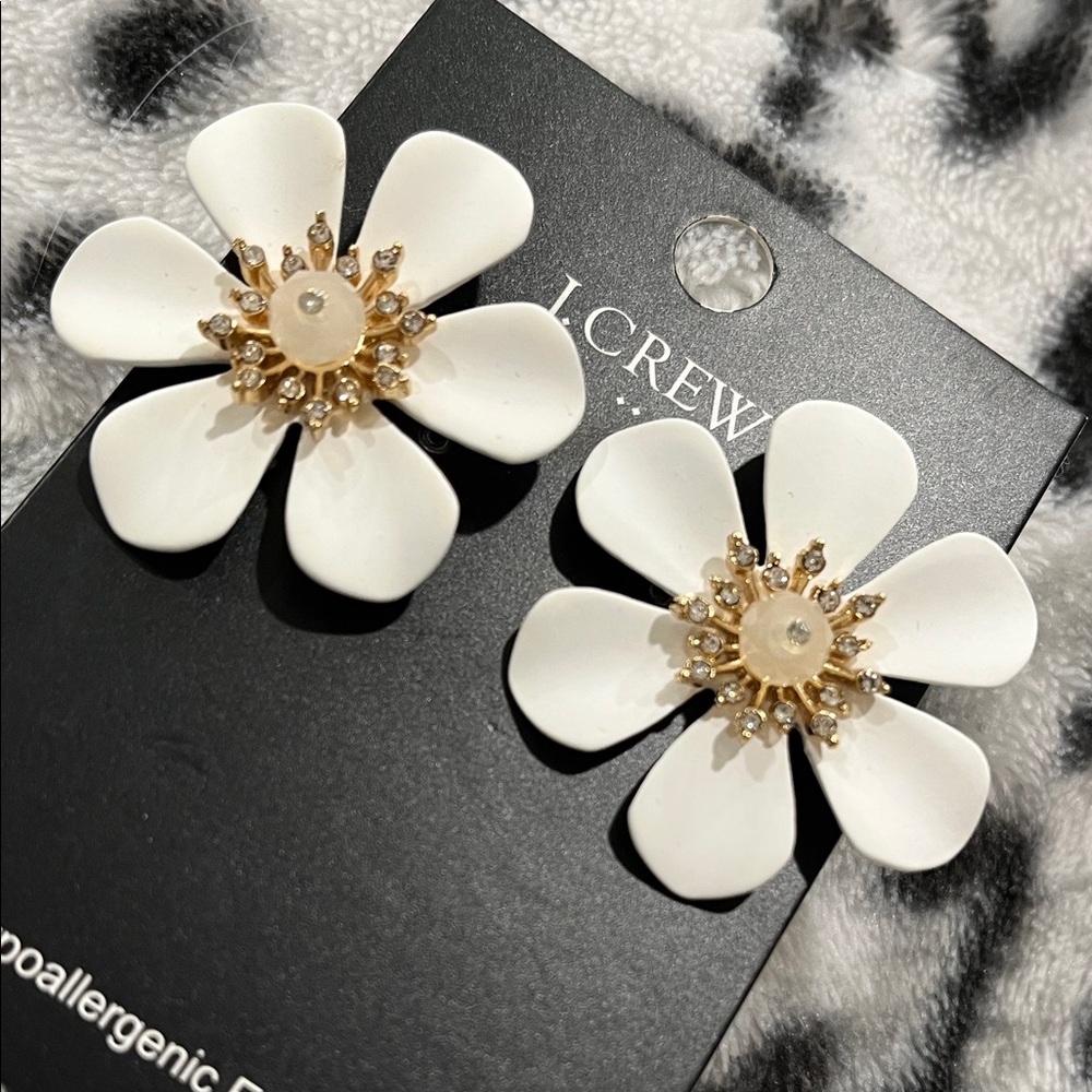 J. Crew White and Gold Floral Statement Earrings
